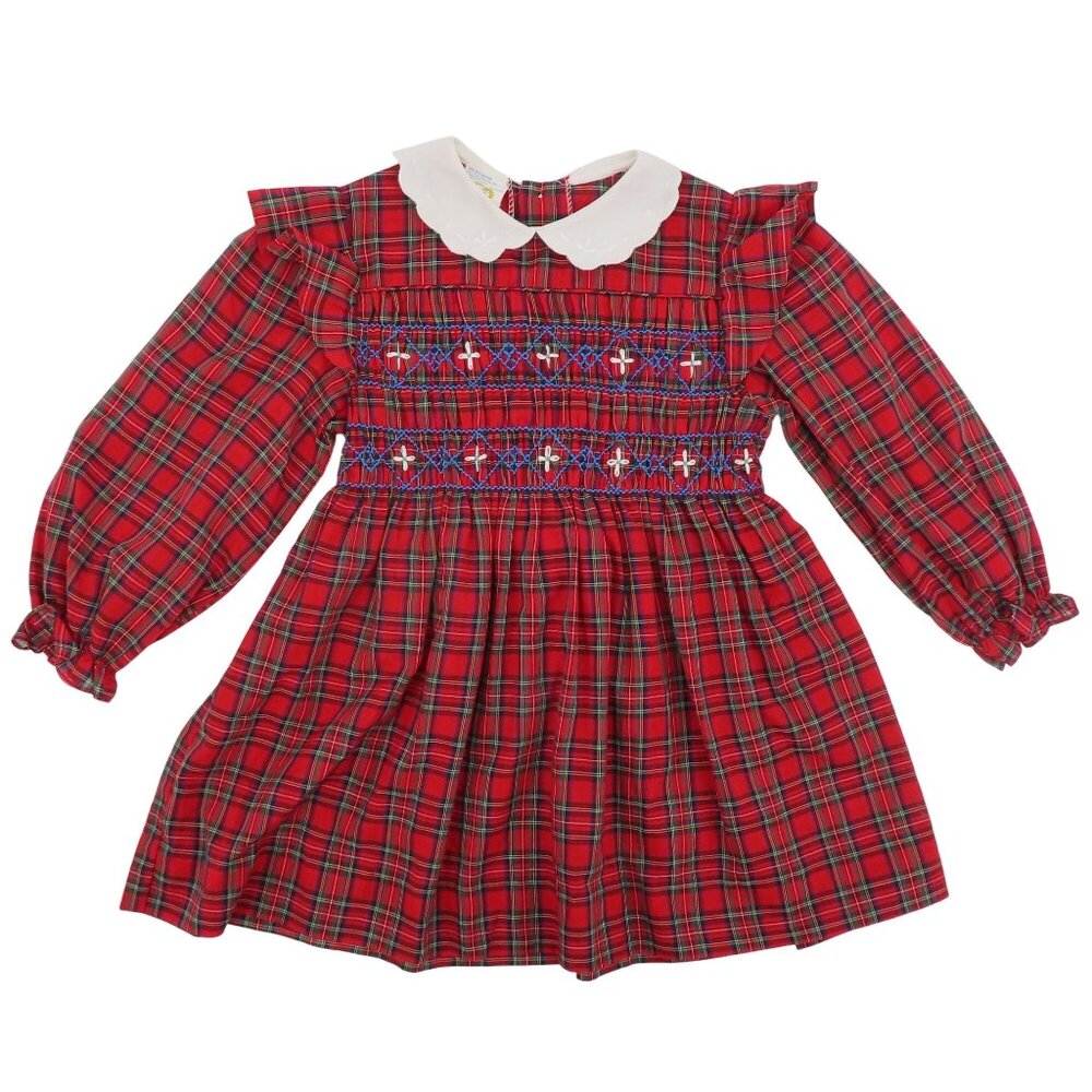 VTG Happy Kids Girls 5 Red Plaid Tartan Check White Collar Smocked Dress Holiday